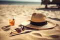 Tropical beach with sunbathing accessories, sunglasses, summer holiday concept background Royalty Free Stock Photo