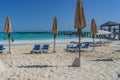 Tropical beach with sunbeds at the pier at Playa Caracol, Boulevard Kukulcan, Hotel Zone, Cancun
