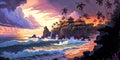 Tropical beach at sunset with asian coastal village. Horizontal stylized colorful illustration of a ocean coastline