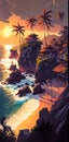 Tropical beach at sunset. Asian coastal village. Vertical digital painting