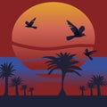 Tropical beach at sunset,birds are flying, romantic landscape Royalty Free Stock Photo