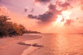 Relaxing and calm sea view and beach scene. Open ocean water and sunset sky and palm trees. Tranquil nature background Royalty Free Stock Photo