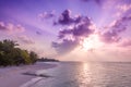 Relaxing and calm sea view and beach scene. Open ocean water and sunset sky and palm trees. Tranquil nature background