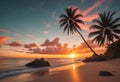 A tropical beach at sunset with a palm tree silhouetted against the colorful sky