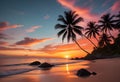 A tropical beach at sunset with a palm tree silhouetted against the colorful sky