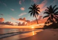A tropical beach at sunset with a palm tree silhouetted against the colorful sky