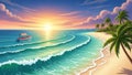 Tropical Beach Sunset with Palm Trees and Boat Royalty Free Stock Photo