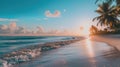 Tropical beach at sunset. Palm trees and sea waves. Paradise island. AI Generated Royalty Free Stock Photo