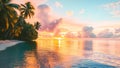 Tropical beach at sunset with palm trees and a serene ocean.