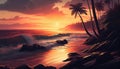 A tropical beach at sunset, with palm trees swaying in the breeze and the waves crashing onto the shore. Royalty Free Stock Photo