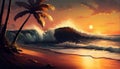 A tropical beach at sunset, with palm trees swaying in the breeze and the waves crashing onto the shore. Royalty Free Stock Photo