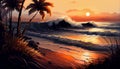 A tropical beach at sunset, with palm trees swaying in the breeze and the waves crashing onto the shore. Royalty Free Stock Photo