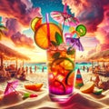 Tropical Beach Sunset with Refreshing Iced Dirty Soda Drink Royalty Free Stock Photo