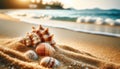 Tropical Beach Sunset with Seashells, AI Generated Royalty Free Stock Photo