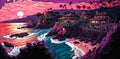 Tropical beach at sunset. Stylized colorful illustration of a tropical coastline
