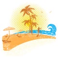 Tropical beach with surfer .Vector seascape background on white