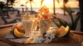 a tropical beach table setting at the restaurant, AI-Generated Royalty Free Stock Photo
