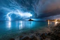Tropical beach thunderstorm with lightning strikes Royalty Free Stock Photo
