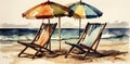 rest background watercolor relax resort chair vacation summer umbrella sand beach. Generative AI.