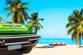 The tropical beach of Varadero in Cuba with green american classic car, sailboats and palm trees on a summer day with turquoise Royalty Free Stock Photo