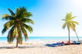 The tropical beach of Varadero in Cuba with sailboats and palm trees on a summer day sunset with turquoise water. Vacation