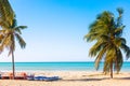 The tropical beach of Varadero in Cuba with sailboats and palm trees on a summer day with turquoise water. Vacation background Royalty Free Stock Photo