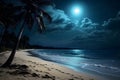 tropical beach view with white sand, turquoise water and palm tree at full moon night, neural network generated photorealistic