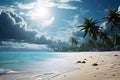 tropical beach view with white sand, turquoise water and palm tree at sunny day with incoming storm clouds, neural