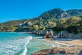 Tropical beach of Voulisma beach, Istron, Crete, Greece. Beautiful colorful beach Voulisma paradise beach with clear water. Summer