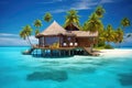 tropical beach with water bungalows and coconut palm trees at Maldives, Maldives Islands Tropical, AI Generated Royalty Free Stock Photo