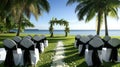 Tropical Beach Wedding Ceremony Setup with Chairs, Floral Arch, and Ocean View Royalty Free Stock Photo