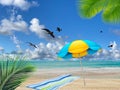 Tropical   beach white  sand blue sea water birds on  sky white clouds  sunshine palm tree branch  summer landscape  summer umbrel Royalty Free Stock Photo