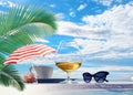 Tropical   beach white  sand blue sea water  sky white clouds  sunshine palm tree branch   summer umbrella  sunglass , cup of coff Royalty Free Stock Photo