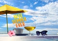 Tropical   beach white  sand blue sea water  sky white clouds  sunshine palm tree branch   summer umbrella  sunglass , cup of coff Royalty Free Stock Photo