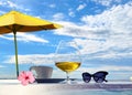 Tropical   beach white  sand blue sea water  sky white clouds  sunshine palm tree branch   summer umbrella  sunglass , cup of coff Royalty Free Stock Photo