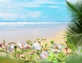 Tropical beach with white sand, palm trees, turquoise ocean against a blue sky with clouds  beautiful flowers on a sunny summer d Royalty Free Stock Photo