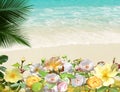 Tropical beach with white sand, palm trees, turquoise ocean against a blue sky with clouds  beautiful flowers on a sunny summer d Royalty Free Stock Photo