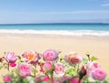 Tropical beach with white sand, palm trees, turquoise ocean against a blue sky with clouds  beautiful flowers on a sunny summer d Royalty Free Stock Photo