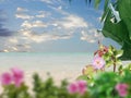 Tropical beach with white sand, palm trees, turquoise ocean against a blue sky with clouds  beautiful flowers on a sunny summer da Royalty Free Stock Photo