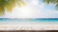 Tropical Beach Wood Table Top with Sea scape and Palm Leaves. created with Generative AI Royalty Free Stock Photo