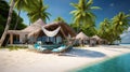 A tropical beachfront villa with palm trees, hammocks, and crystal-clear waters. Royalty Free Stock Photo