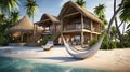 A tropical beachfront villa with palm trees, hammocks, and crystal-clear waters.