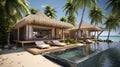 A tropical beachfront villa with palm trees, hammocks, and crystal-clear waters.