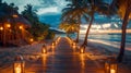 Tropical Beachfront Villa at Sunset with Illuminated Pathway. Generative ai