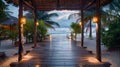 Tropical Beachfront Villa at Sunset with Illuminated Pathway. Generative ai