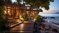 Tropical Beachfront Villa at Sunset with Illuminated Pathway. Generative ai