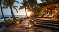 Tropical Beachfront Villa at Sunset with Illuminated Pathway. Generative ai