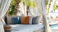 Tropical Beach Daybed Oasis with Pool and Palm Trees, Luxurious Outdoor Seating Royalty Free Stock Photo