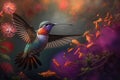 Tropical beautiful bird hummingbird in flight among bright flowers. Generative AI Royalty Free Stock Photo