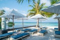 Tropical beautiful landscape of five stars luxury resort with umbrellas and sunbeds Royalty Free Stock Photo